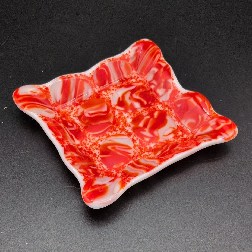 Retro Orange And White Fused Glass Trinket Dish Signed Patton